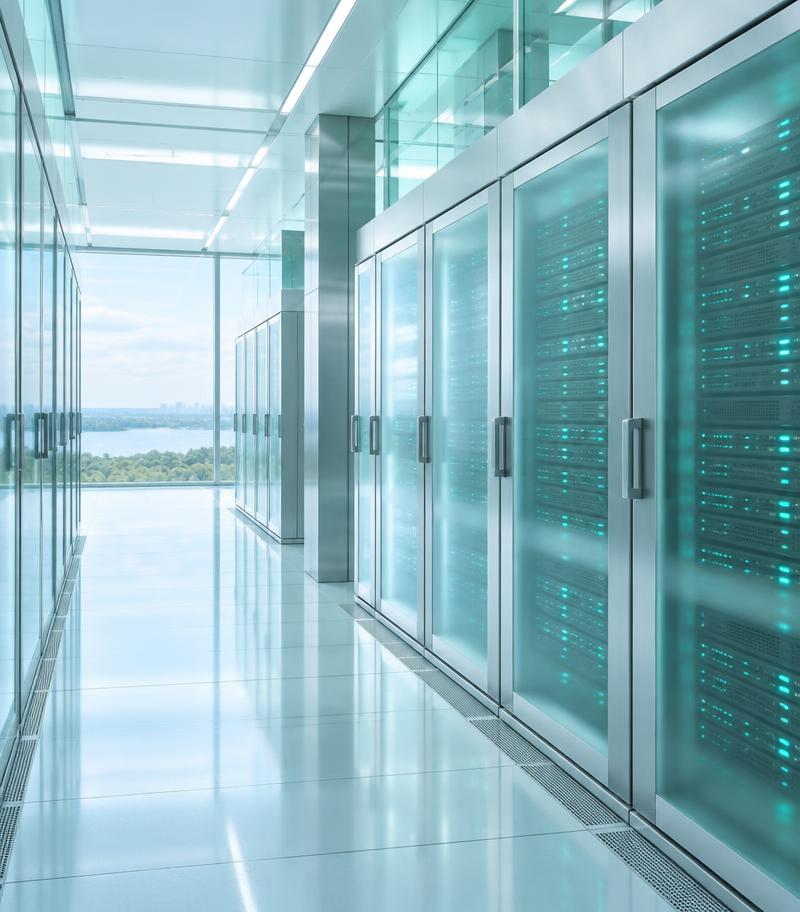 Ilustração de infraestrutura cloud: servidores em um data center envidraçado